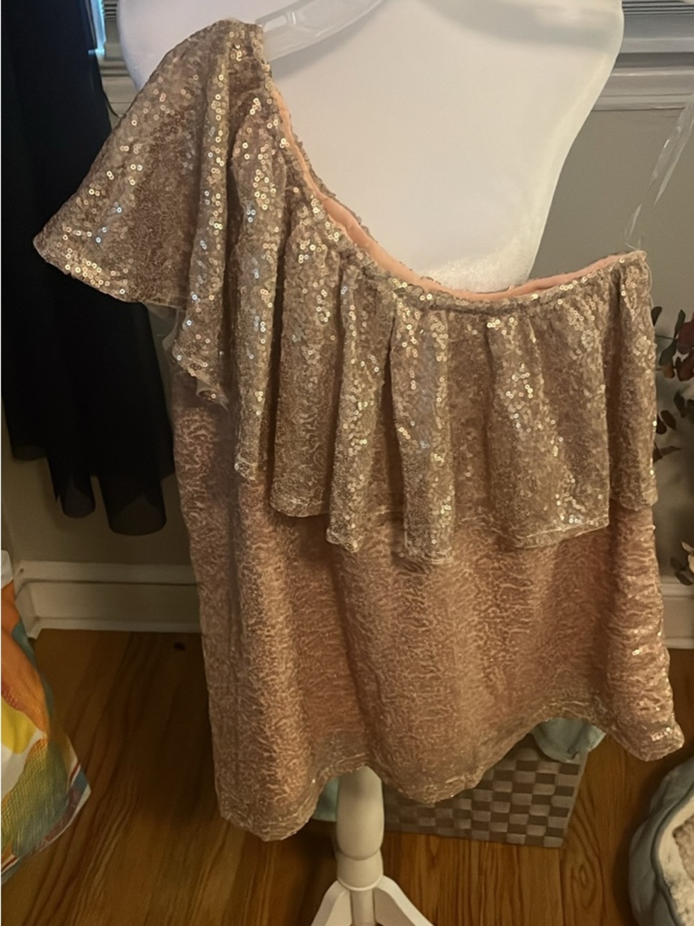 One-Shoulder Sequin Ruffle Tank Top - Blush